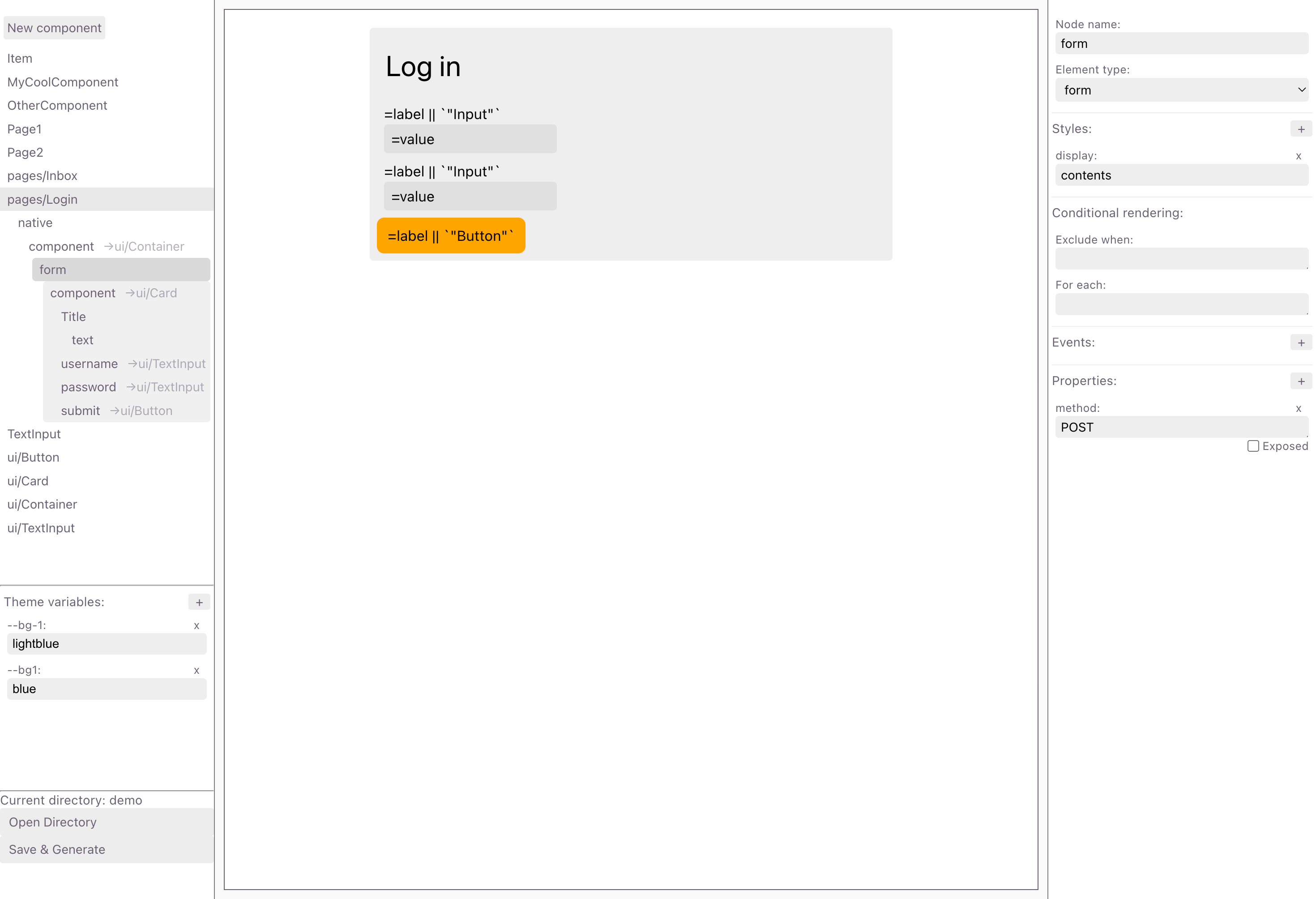 Screenshot of the latest version of the editor. This log in page is actually fully functional and already in use in one of my projects.